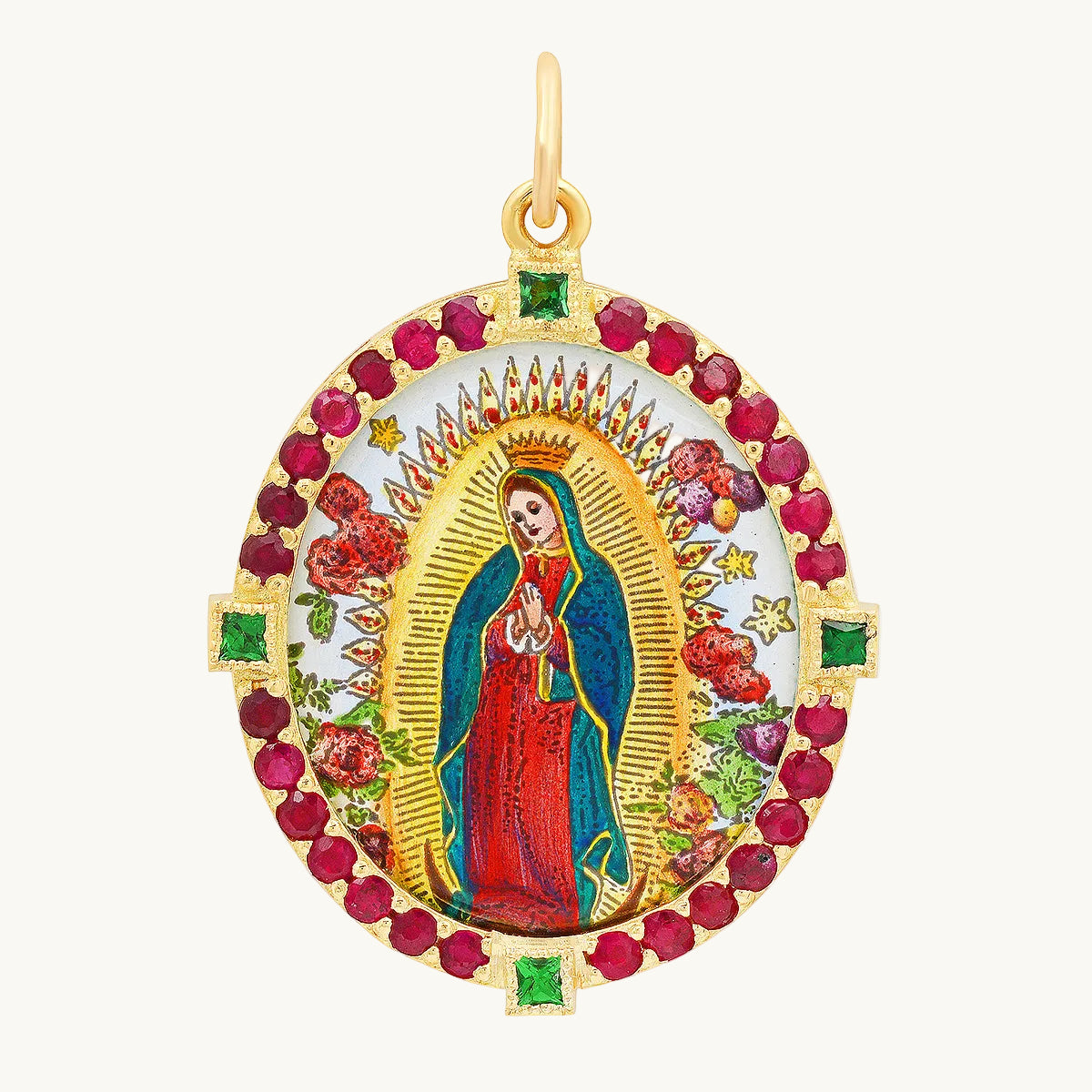 Virgen de Guadalupe Medal Charm in 18K yellow gold with emerald — Colette Jewelry