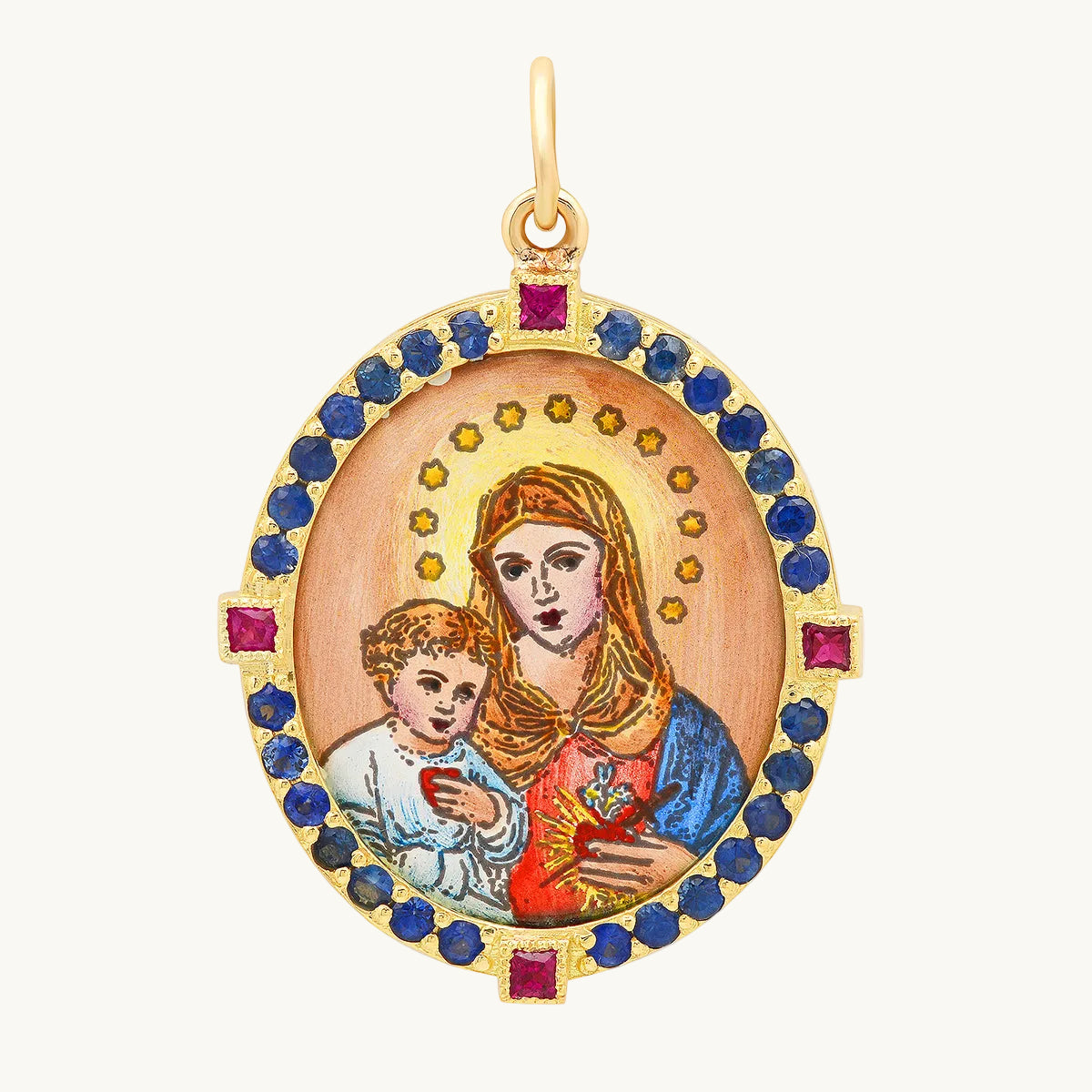 Mother and Son Medal Charm in 18K gold with sapphire — Colette Jewelry