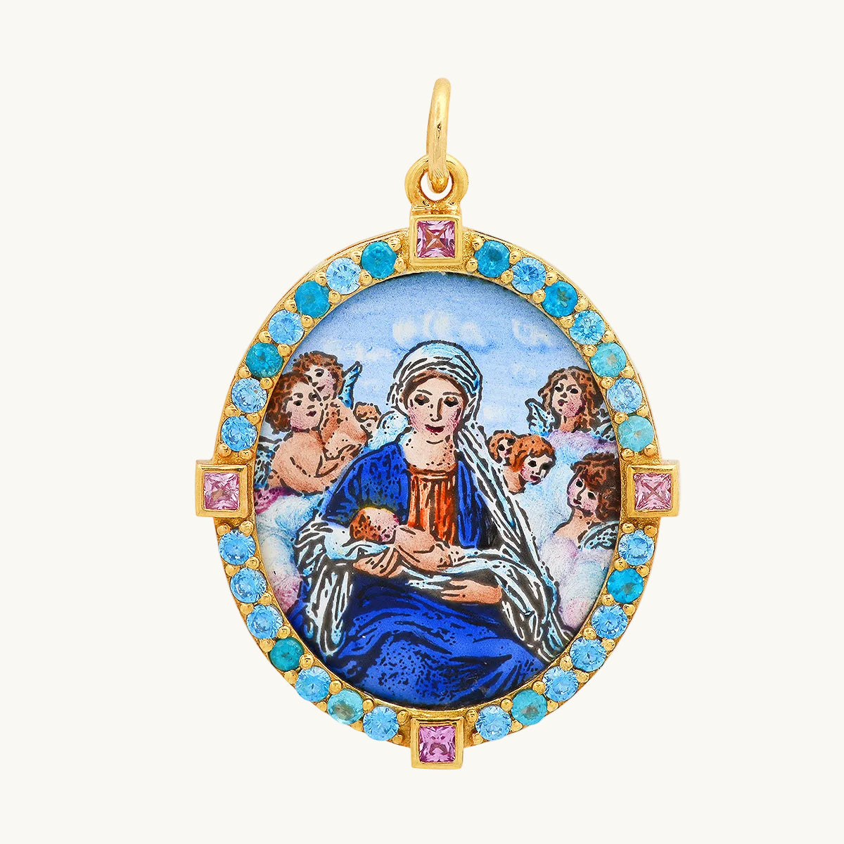 Mary and Son Medal Charm in 18K gold with sapphire — Colette Jewelry