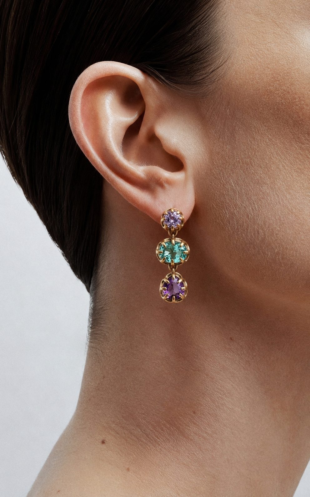 ANIS Dormeuse 3 Stones – Purple Sapphire & Aquamarine | Colette Jewelry