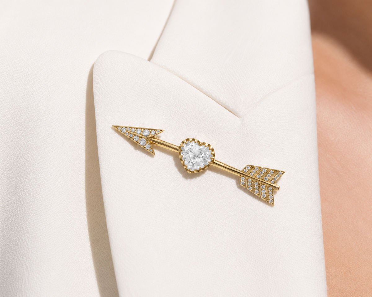 Cupid's Arrow Brooch, Heart Moonstone & Diamond Pavé, 18K Gold | Colette Jewelry