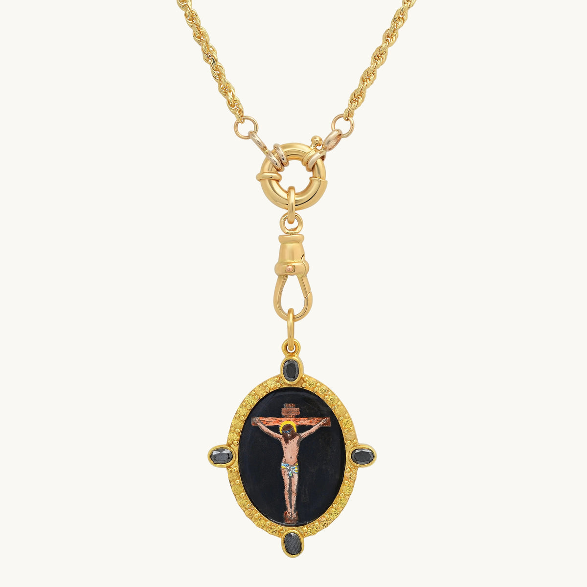 Jesus Christ Medal with chain in 18K yellow gold with sapphire — Colette Jewelry