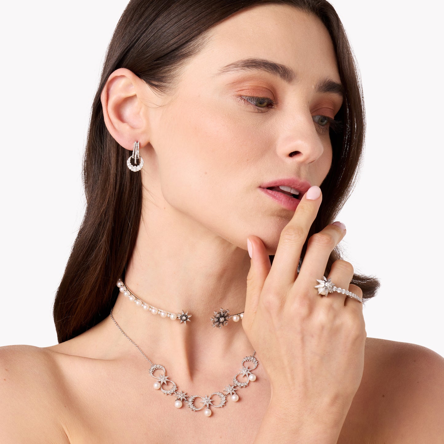 Moon Earrings | 18K White Gold Diamond Studs | Colette Jewelry