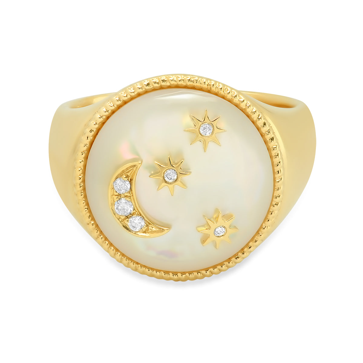 Moon and Stars Signet Ring Hardstone Mother of Pearl 18K Gold | Colette Jewelry
