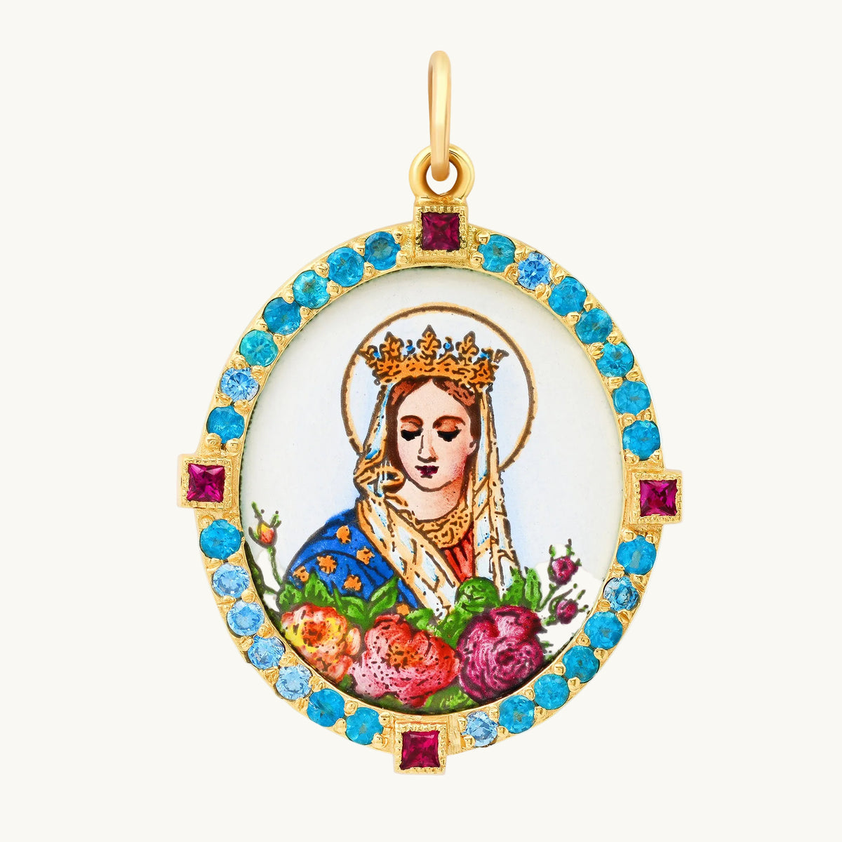 Madonna with Flowers Medal Charm in 18K gold with sapphire — Colette Jewelry