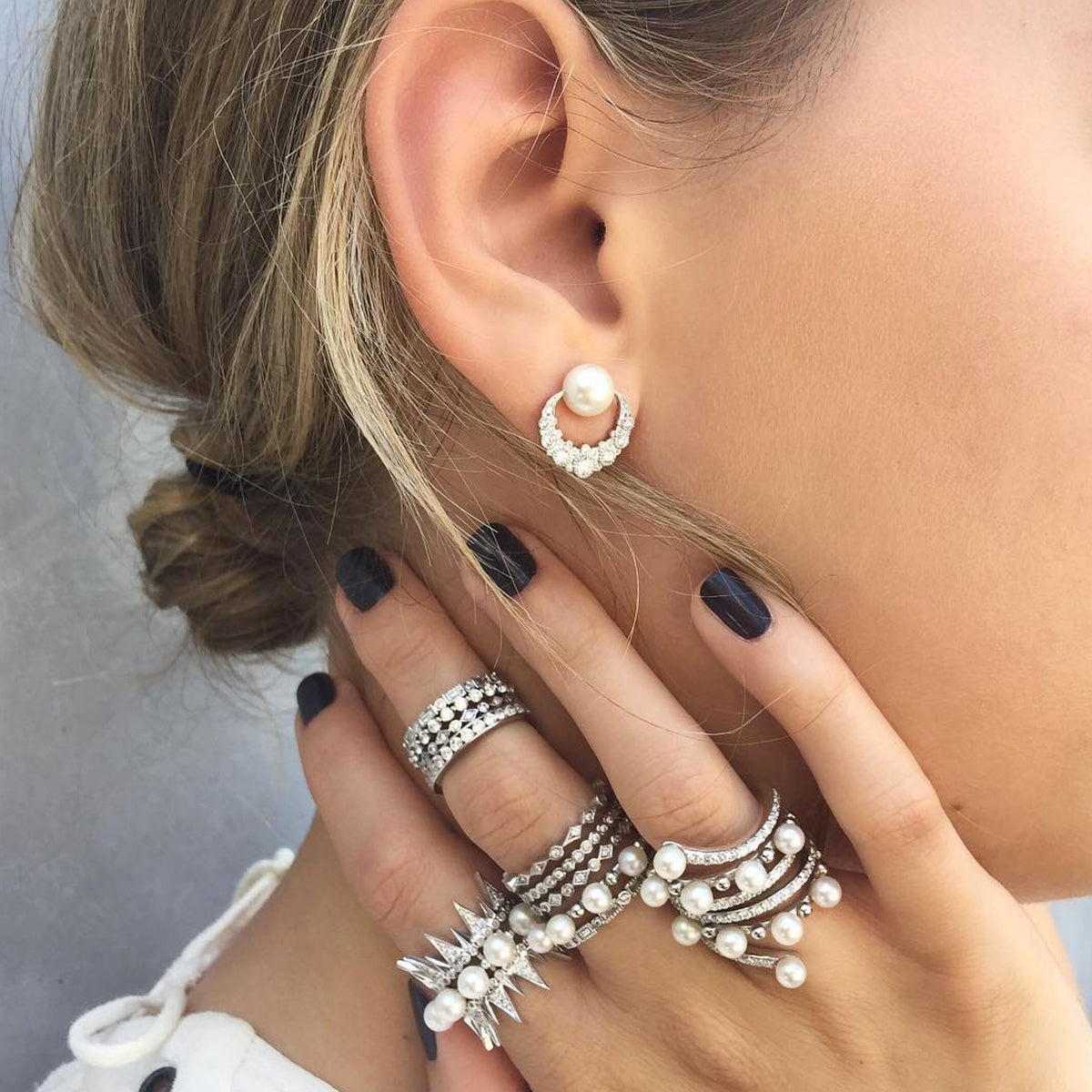 Orbiting Moon Earrings | 18K White Gold, Tahitian Pearl & Diamond Studs | Colette Jewelry
