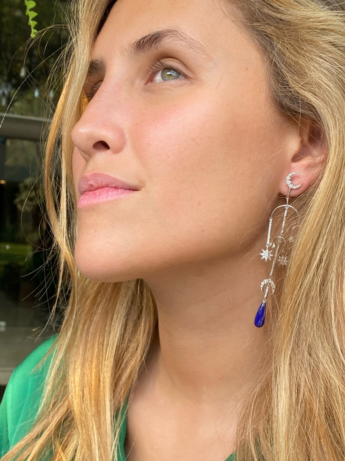 Mobile Moon Stud Earrings | 18K White Gold, Diamond & Lapis | Colette Jewelry