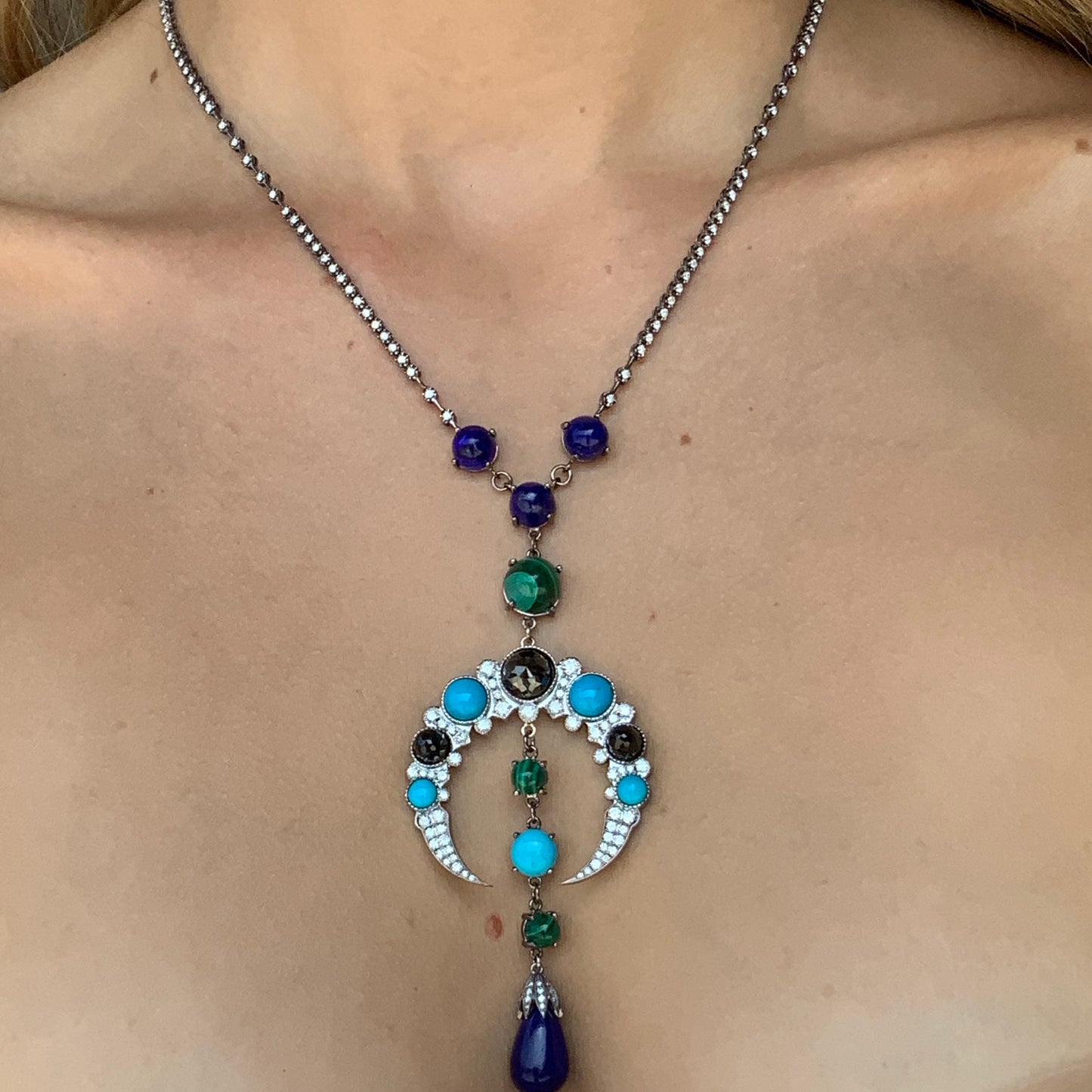 Moon Necklace | 18K Black Gold, Diamonds & Emerald | Colette Jewelry