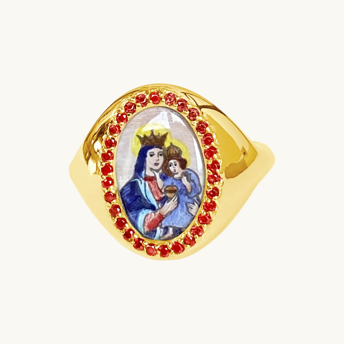 Santos Signet Our Lady of Carmen Ring in 18K yellow gold with ruby — Colette Jewelry