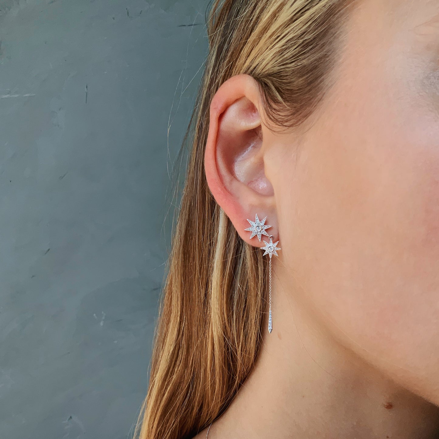 Mini Double Star Drop Earrings 18K Gold White Diamonds Galaxia | Colette Jewelry