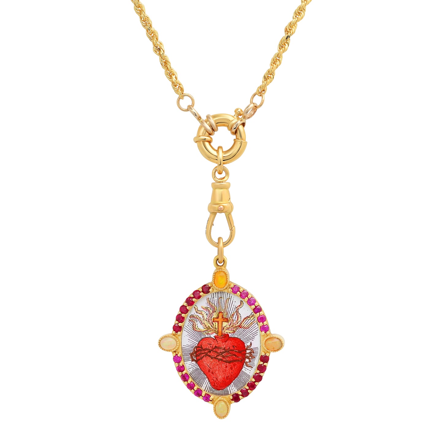 Heart in Fire Big Medal with Chain 18K Gold Diamond Colette Jewelry