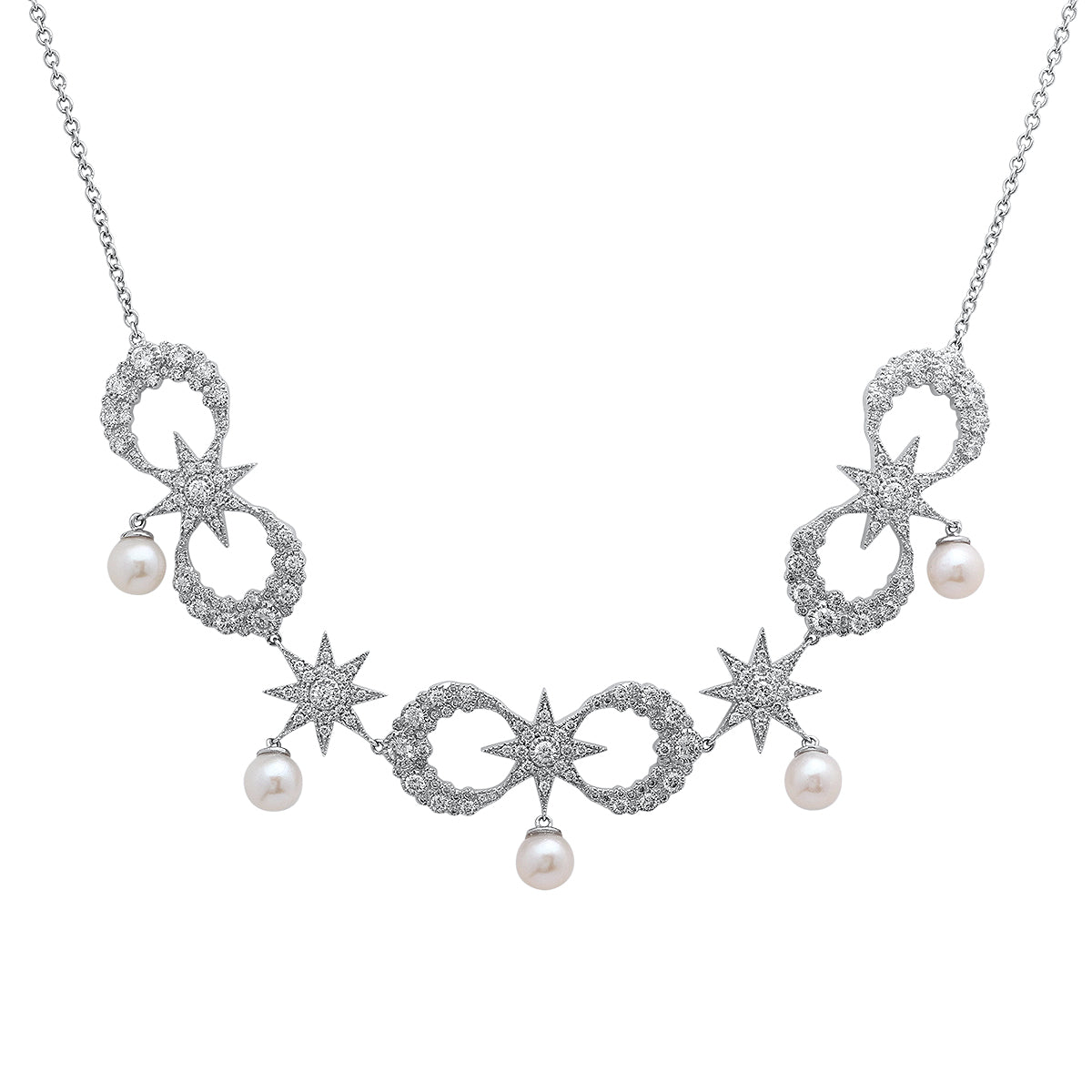 Star & Moon Necklace | 18K White Gold, Diamonds & Tahitian Pearl | Galaxia | Colette Jewelry