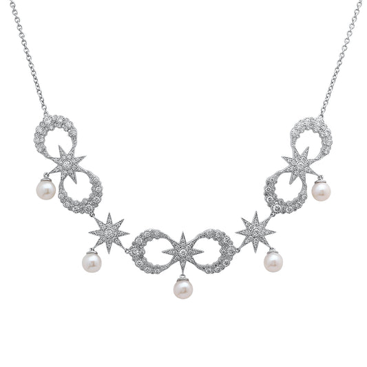Star & Moon Necklace | 18K White Gold, Diamonds & Tahitian Pearl | Galaxia | Colette Jewelry