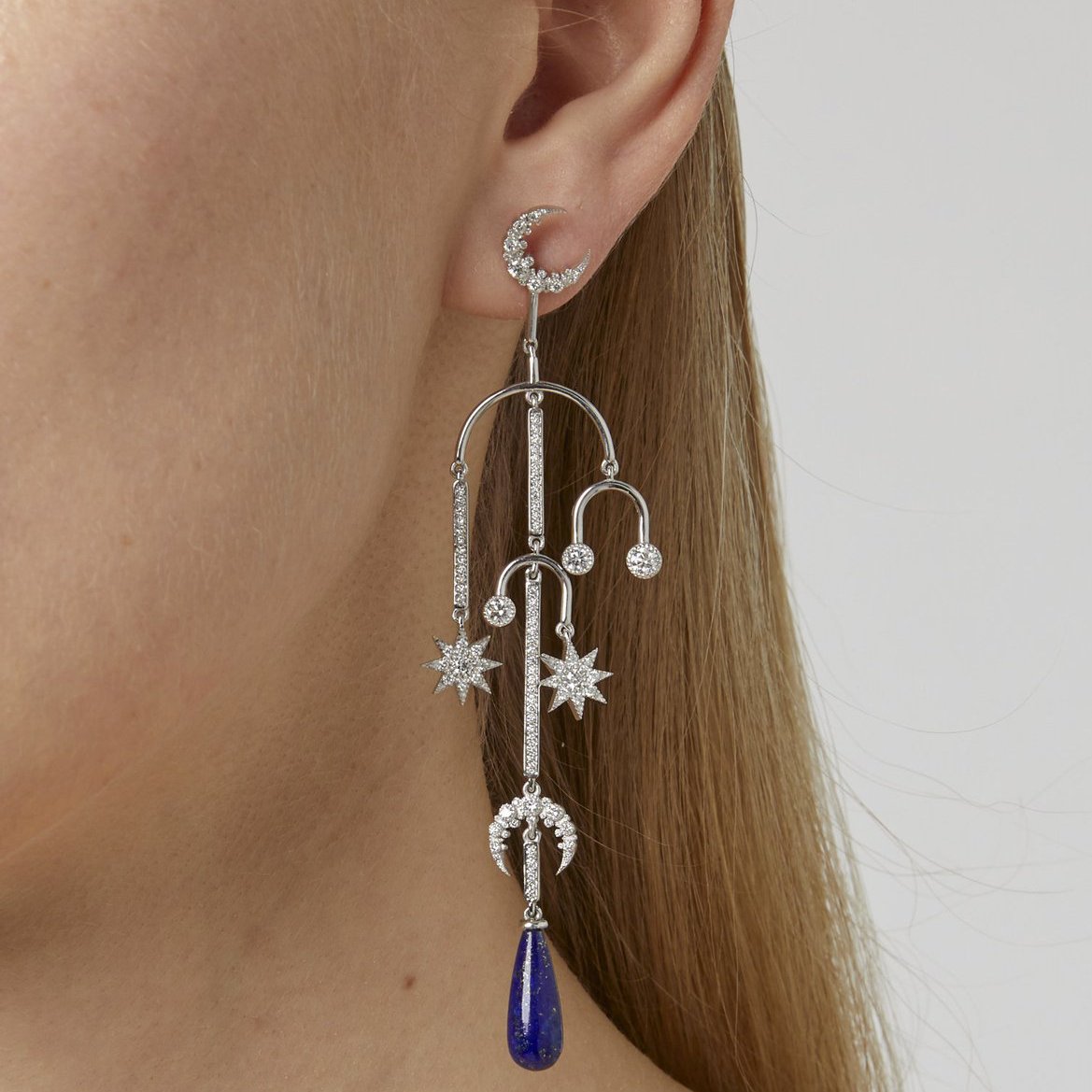 Mobile Moon Stud Earrings | 18K White Gold, Diamond & Lapis | Colette Jewelry