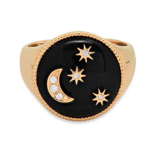 Moon and Stars Signet Ring & Studs in 18K Gold with diamond — Colette Jewelry