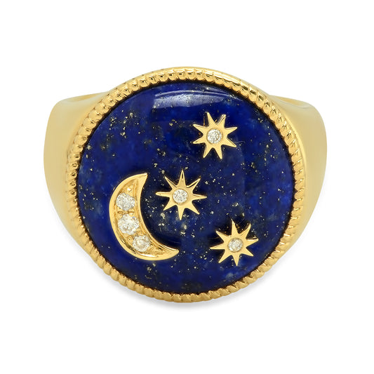 Moon and Stars Lapis Lazuli Signet Ring 18K Gold — Colette Jewelry