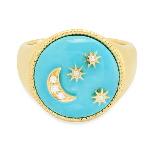 Moon and Stars Signet Ring in Turquoise Hardstone | Twinkle Galaxia | Colette Jewelry