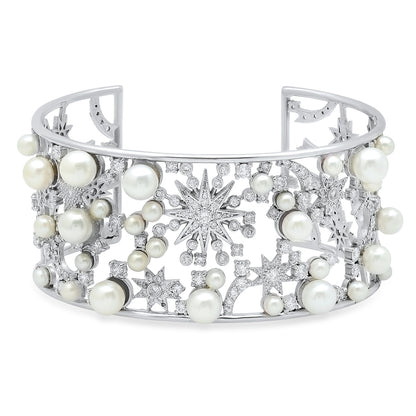 Star Pearl Cuff Bracelet in 18K gold with white diamond — Colette Jewelry