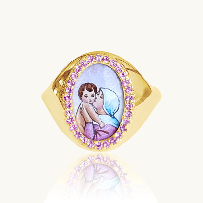 Santos Signet Lady of Good Advice Ring in 18K gold with sapphire — Colette Jewelry