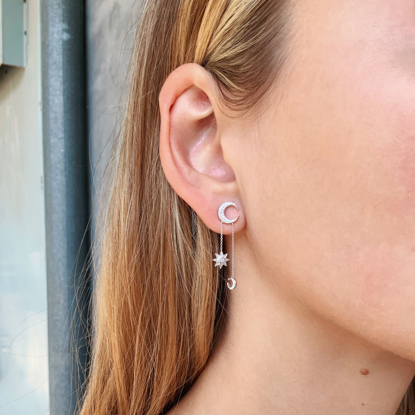Mini Galaxia Moon Drop Earrings 18K Gold White Diamonds | Colette Jewelry