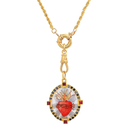 Heart in Fire Big Medal with Chain 18K Gold Diamond Colette Jewelry