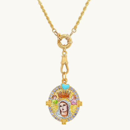 Crowned Madonna Medal with chain in 18K gold with sapphire — Colette Jewelry