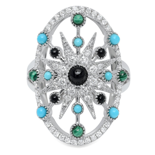 Stella Ring – 18K White Gold, Diamonds, Turquoise & Onyx | Colette Jewelry